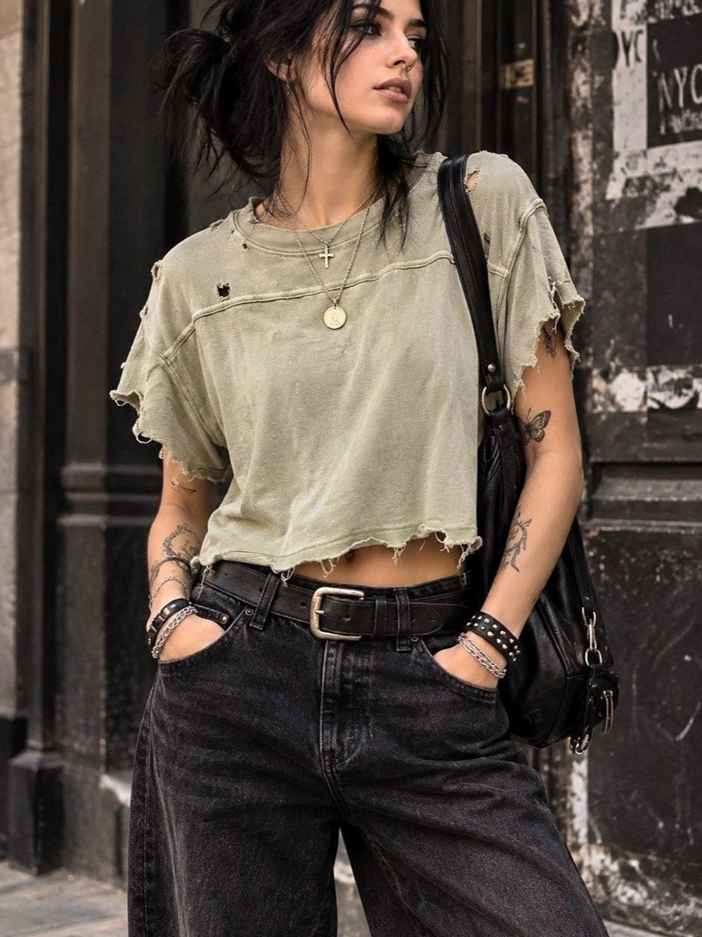 We The Free Distressed Cropped Tee in Green Small